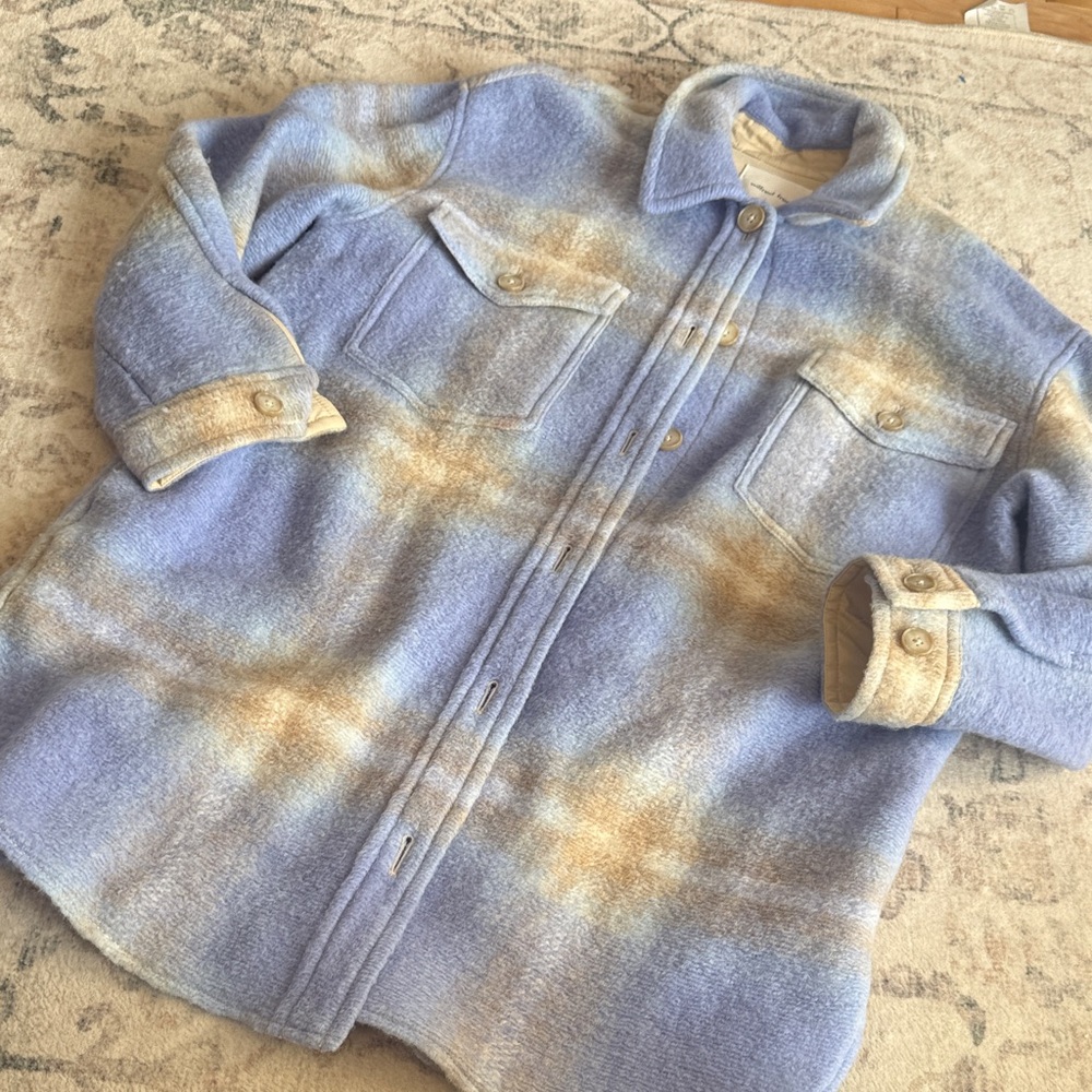 Wilfred ganna shirt jacket L Blue and Beige Wool-Blend Shacket - Picture 2 of 5